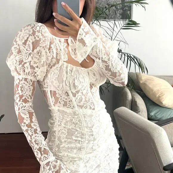 For Love & Lemons Revolve White Lace Victoria Mini Dress size XS CL1